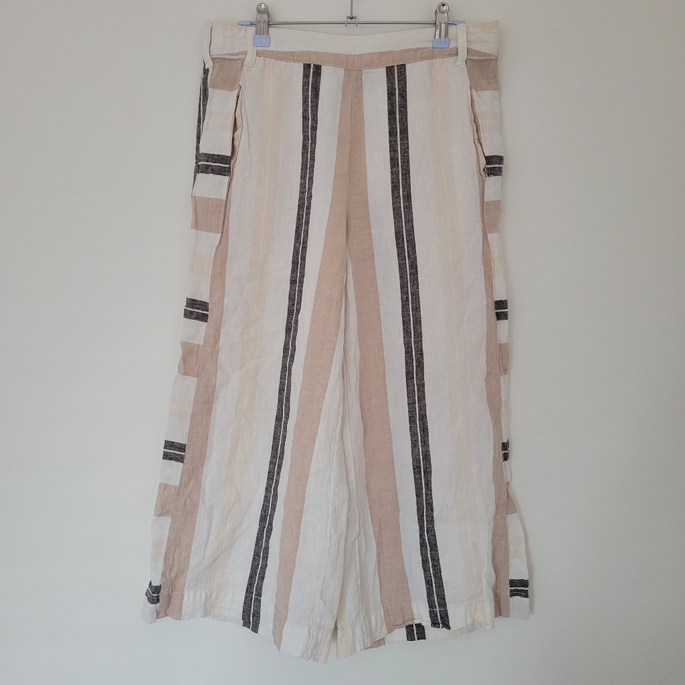 ANTHROPOLOGIE Linen Blend Neutral Striped Wide Leg Pull-on Pants XS‎